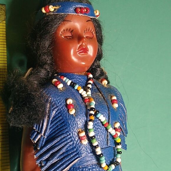 Vintage 1960 Carson Native American Blue Plush Doll with Sporty Fringe Accents - Picture 5 of 5